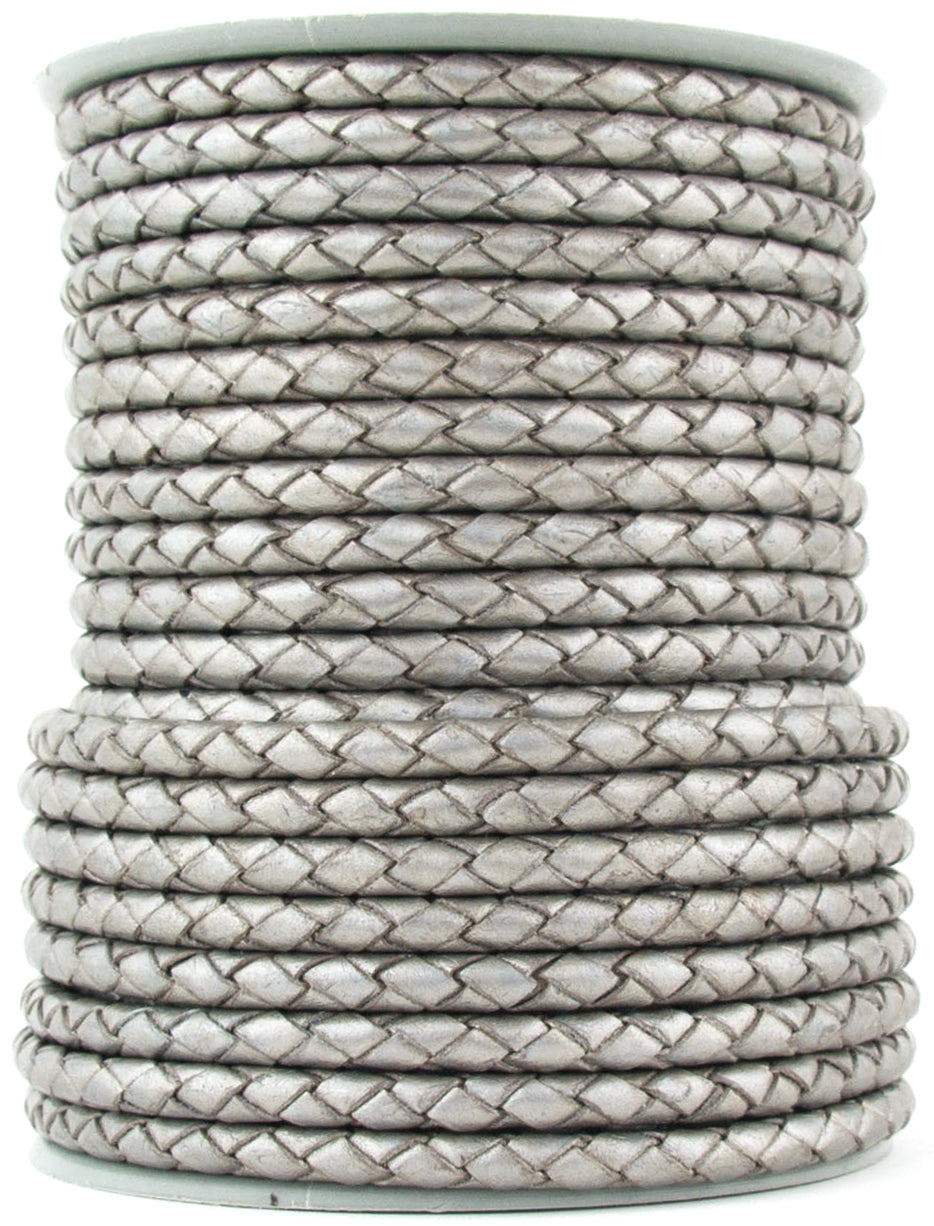 Silver Metallic Round Bolo Braided Leather Cord 5mm