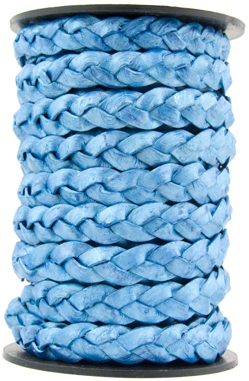 Blue Metallic Flat Braided Leather Cord 10mm 1 Meter