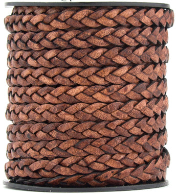 Brown Distressed Natural Dye Flat Braided Leather Cord 5mm