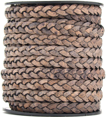 Gray Distressed Natural Dye Flat Braided Leather Cord 5mm