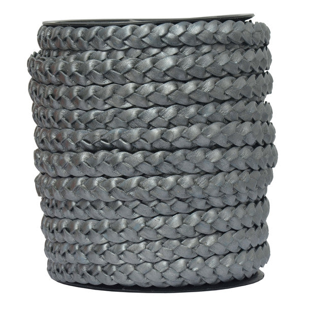 Gray Metallic Flat Braided Leather Cord 10mm