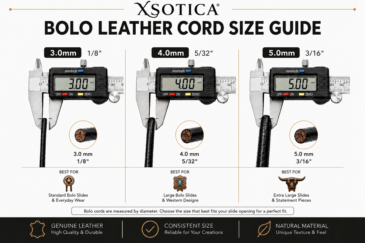 Xsotica bolo leather cord size guide for 3mm, 4mm and 5mm